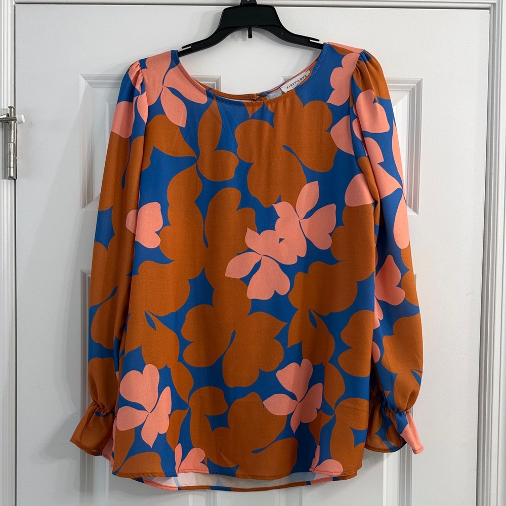 First Love Pink and Burnt Orange Floral Blouse. Sz S